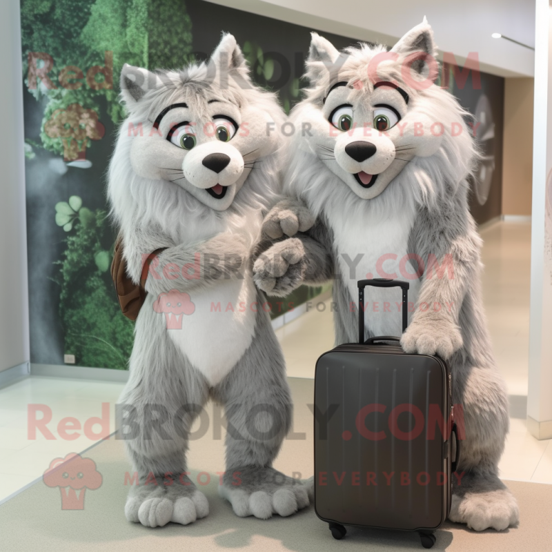 Gray Lynx mascot costume character dressed with a Maxi Dress and Messenger bags