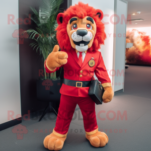 Red Tamer Lion mascot costume character dressed with a Suit Pants and Belts