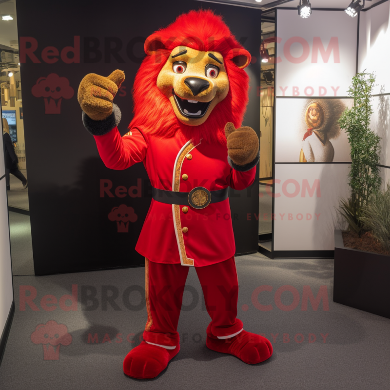 Red Tamer Lion mascot costume character dressed with a Suit Pants and Belts