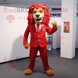 Red Tamer Lion mascot costume character dressed with a Suit Pants and Belts