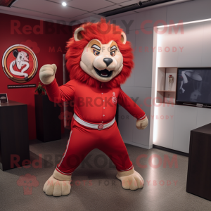 Red Tamer Lion mascot costume character dressed with a Suit Pants and Belts