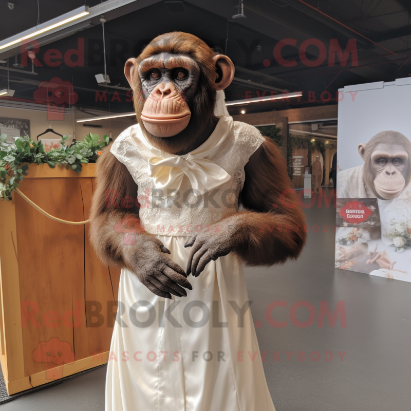 Rust Chimpanzee mascot costume character dressed with a Wedding Dress and Belts