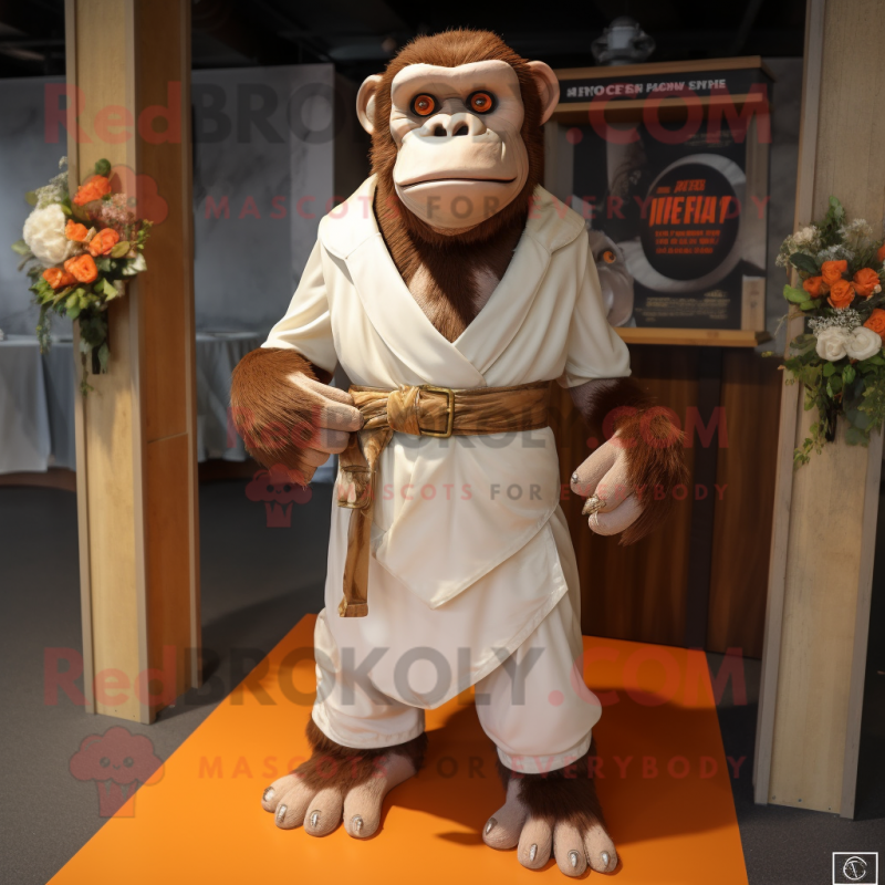 Rust Chimpanzee mascot costume character dressed with a Wedding Dress and Belts Rust Chimpanzee mascot costume character dressed with a Wedding Dress and Belts