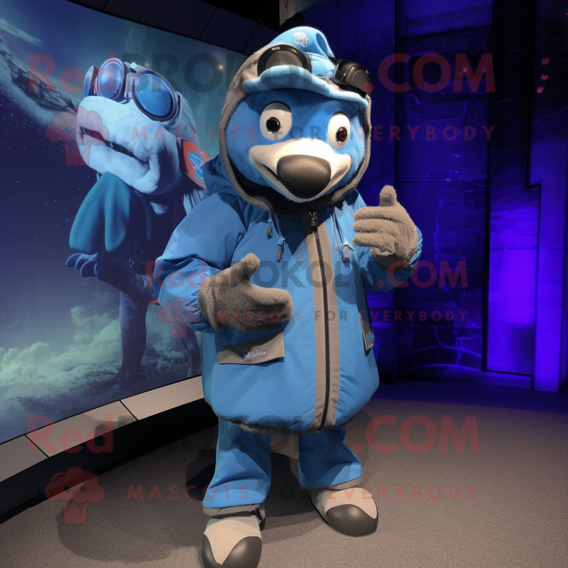 Blue Barracuda mascot costume character dressed with a Parka and Bracelet watches