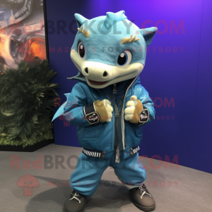 Blue Barracuda mascot costume character dressed with a Parka and Bracelet watches