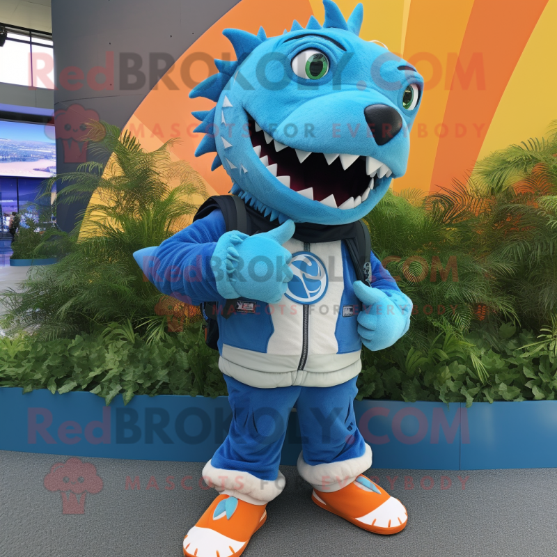 Blue Barracuda mascot costume character dressed with a Parka and Bracelet watches