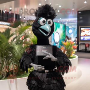 Black Emu mascot costume character dressed with a Maxi Skirt and Smartwatches