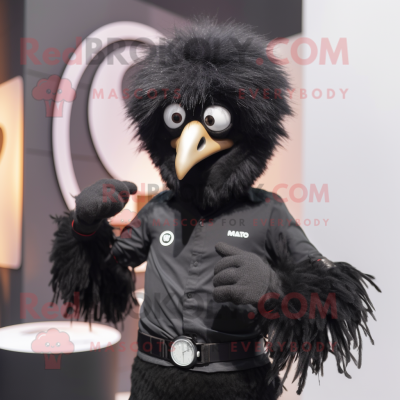 Black Emu mascot costume character dressed with a Maxi Skirt and Smartwatches Black Emu mascot costume character dressed with a Maxi Skirt and Smartwatches