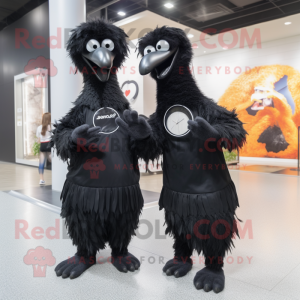 Black Emu mascot costume character dressed with a Maxi Skirt and Smartwatches