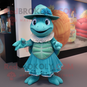 Teal Turtle mascot costume character dressed with a Skirt and Caps