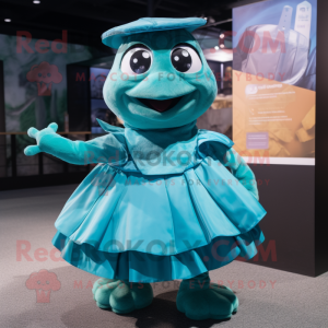 Teal Turtle mascot costume character dressed with a Skirt and Caps