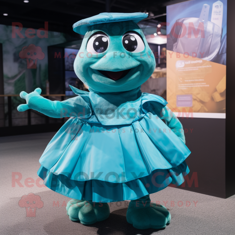 Teal Turtle mascot costume character dressed with a Skirt and Caps Teal Turtle mascot costume character dressed with a Skirt and Caps