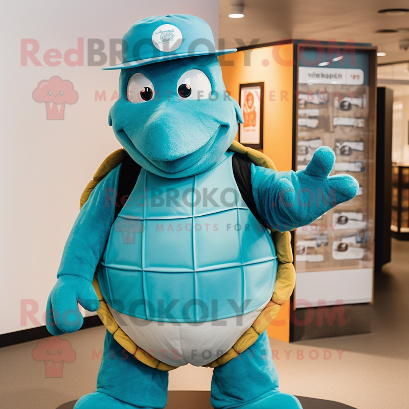 Teal Turtle mascot costume character dressed with a Skirt and Caps