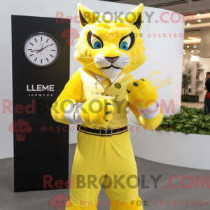Maskotfigur af en citrongul...