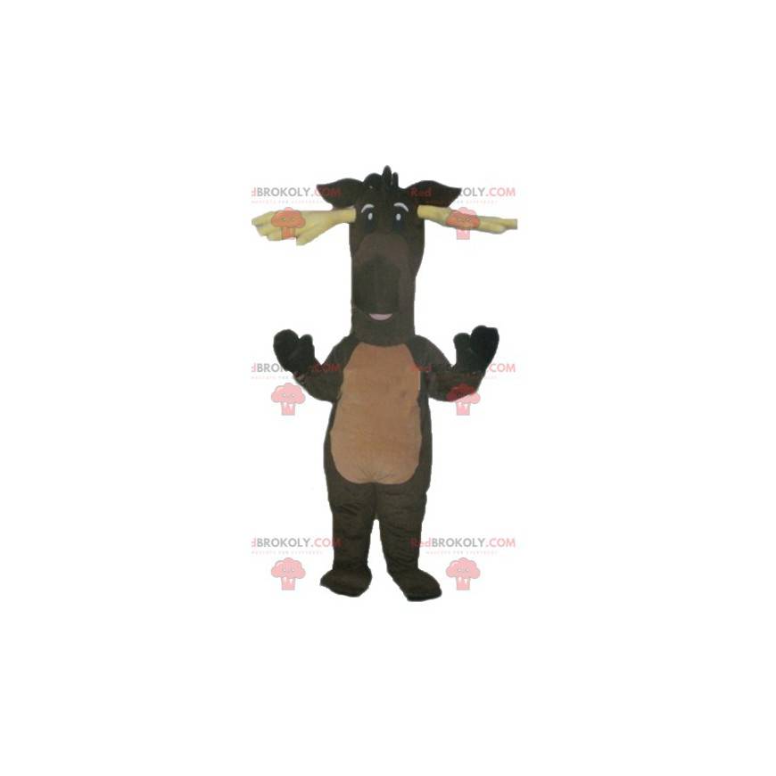 Mascota de reno marrón caribú con astas amarillas -