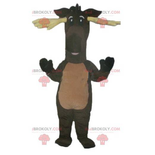 Caribou brown reindeer mascot with yellow antlers -