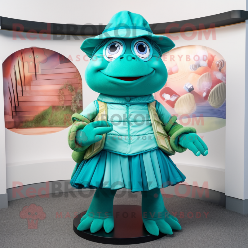 Teal Turtle mascot costume character dressed with a Skirt and Caps