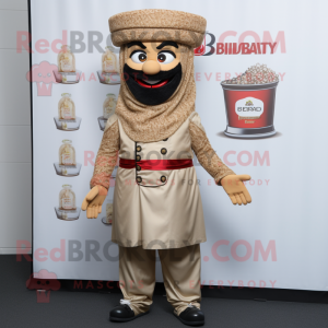 Tan Biryani mascot costume character dressed with a Dungarees and Shoe clips