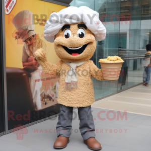 Tan Biryani mascot costume character dressed with a Dungarees and Shoe clips
