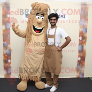 Tan Biryani mascot costume character dressed with a Dungarees and Shoe clips