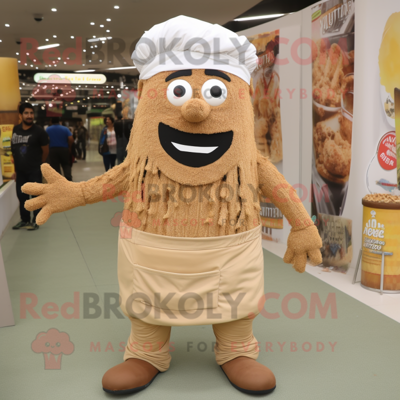 Tan Biryani mascot costume character dressed with a Dungarees and Shoe clips Tan Biryani mascot costume character dressed with a Dungarees and Shoe clips