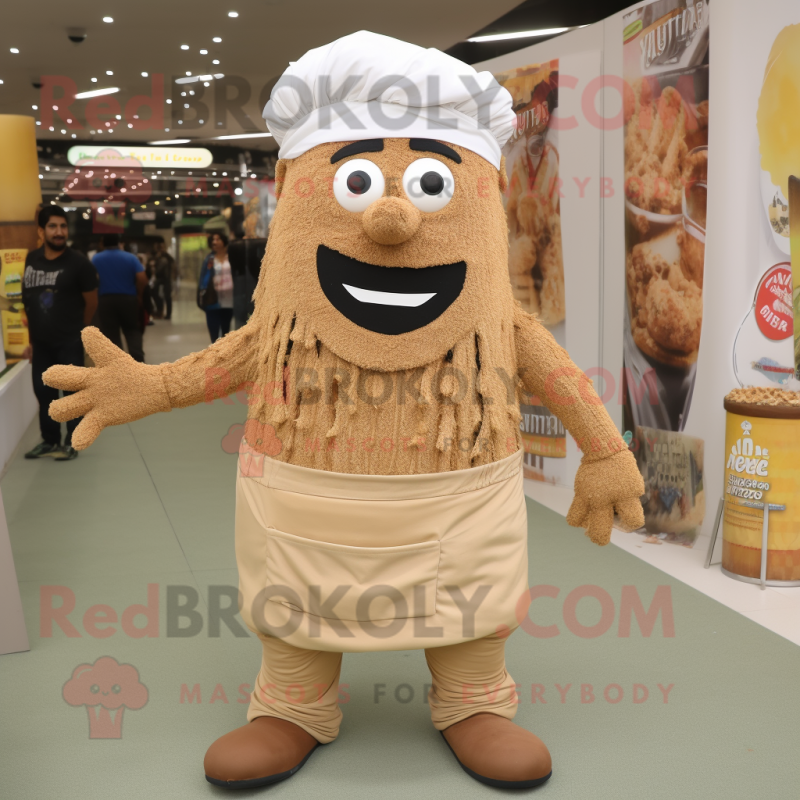 Tan Biryani mascot costume character dressed with a Dungarees and Shoe clips