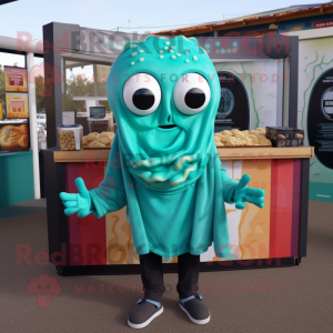 Teal Fried Calamari mascot costume character dressed with a Sweatshirt and Wraps