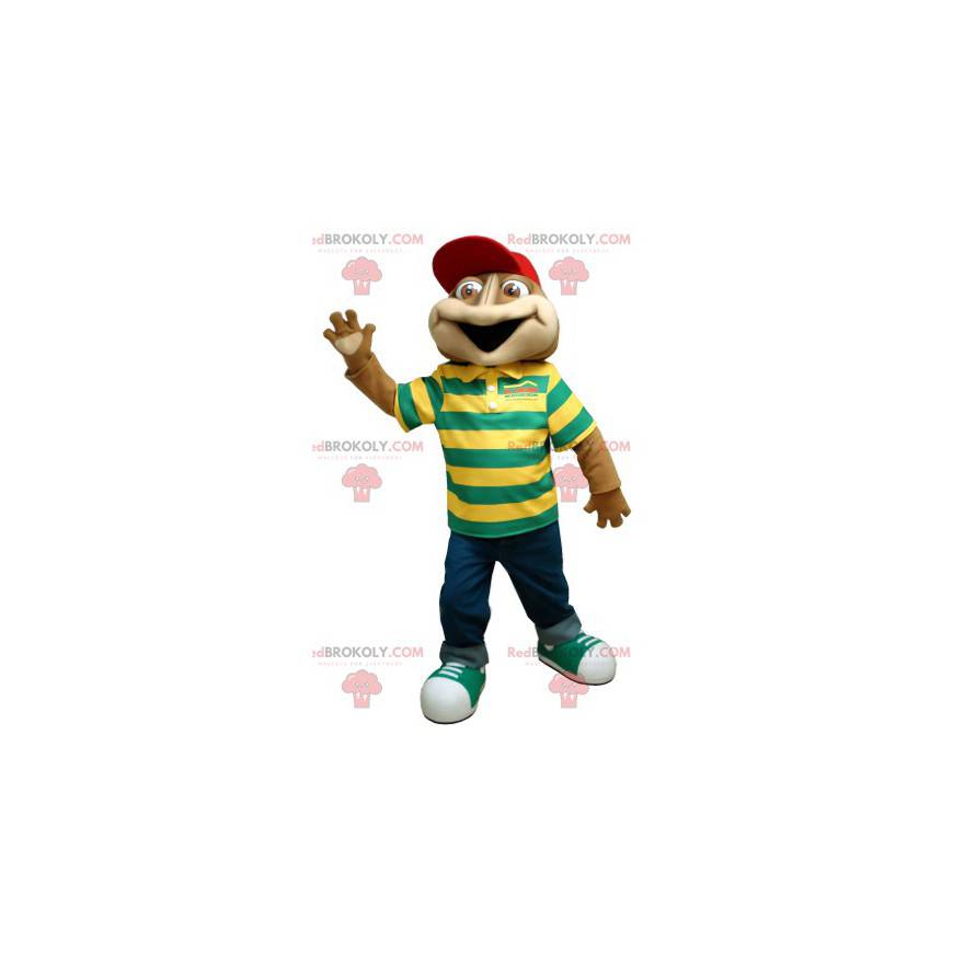 Brown frog mascot with a striped polo shirt - Redbrokoly.com