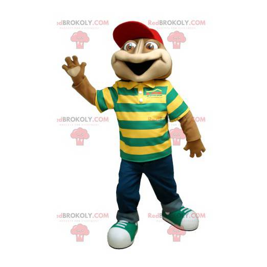 Brown frog mascot with a striped polo shirt - Redbrokoly.com
