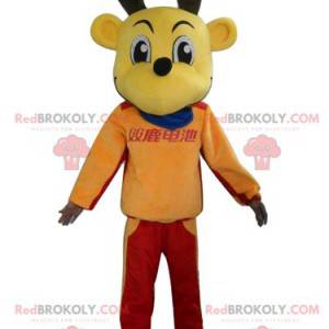 Geel eland rendier mascotte in kleurrijke outfit -