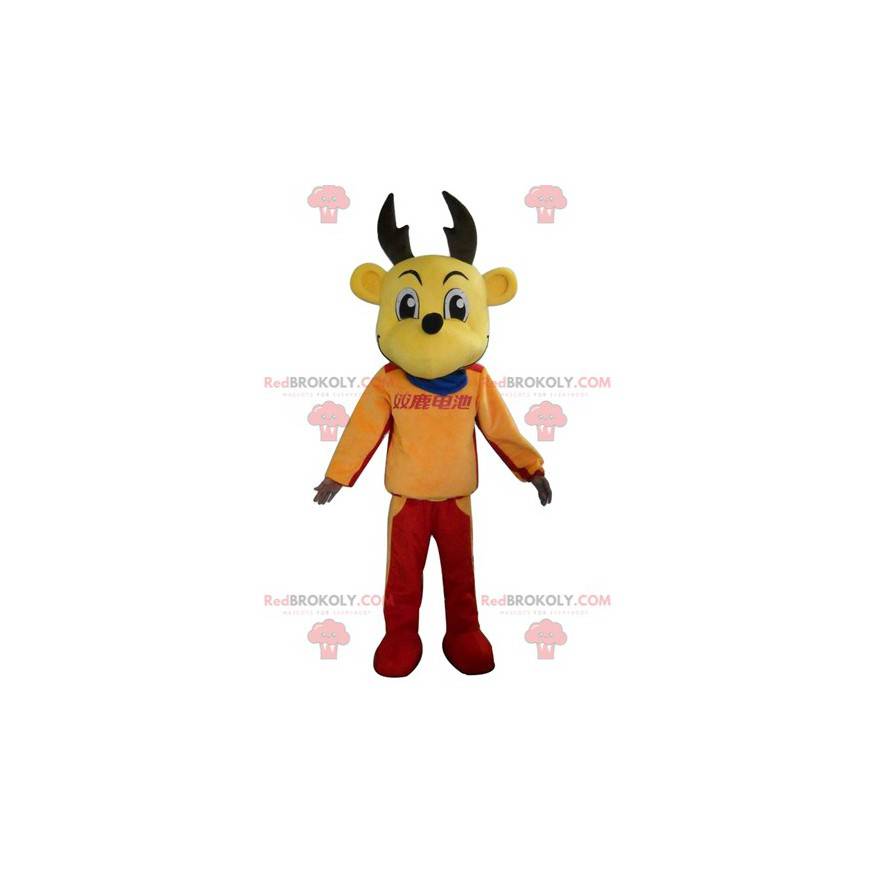 Mascote de rena de alce amarelo em traje colorido -