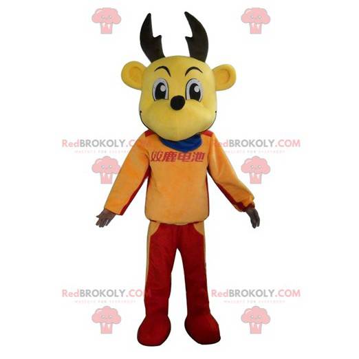 Gelbes Elch-Rentier-Maskottchen im bunten Outfit -