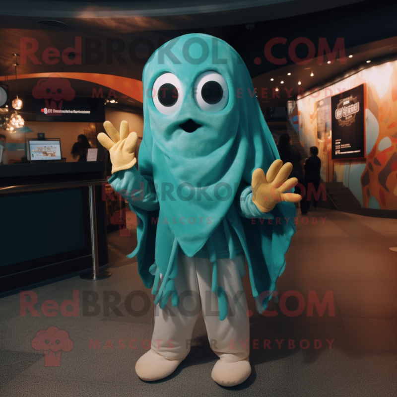 Teal Fried Calamari mascot costume character dressed with a Sweatshirt and Wraps Teal Fried Calamari mascot costume character dressed with a Sweatshirt and Wraps