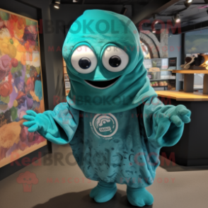 Teal Fried Calamari mascot costume character dressed with a Sweatshirt and Wraps