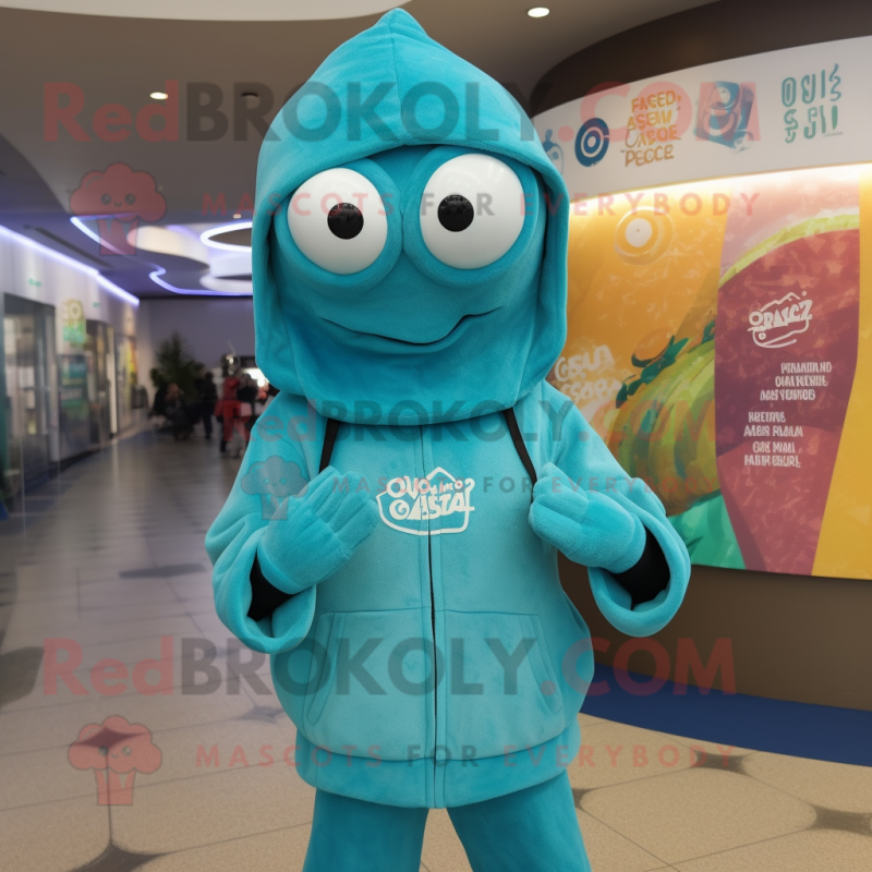 Teal Fried Calamari mascot costume character dressed with a Sweatshirt and Wraps