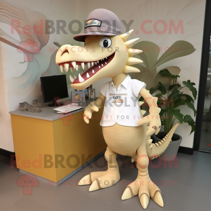 Beige Spinosaurus mascot costume character dressed with a Capri Pants and Hair clips