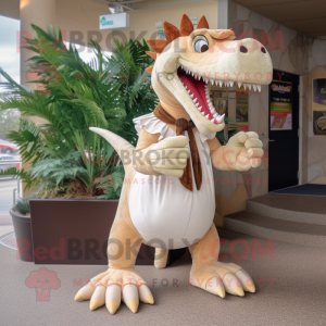 Beige Spinosaurus mascot costume character dressed with a Capri Pants and Hair clips