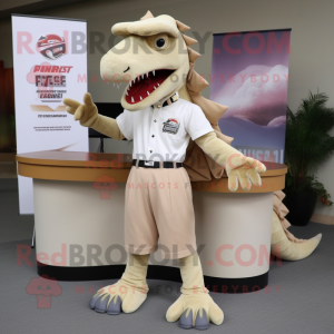 Beige Spinosaurus mascot costume character dressed with a Capri Pants and Hair clips