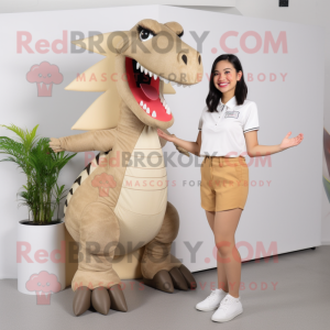 Beige Spinosaurus mascot costume character dressed with a Capri Pants and Hair clips