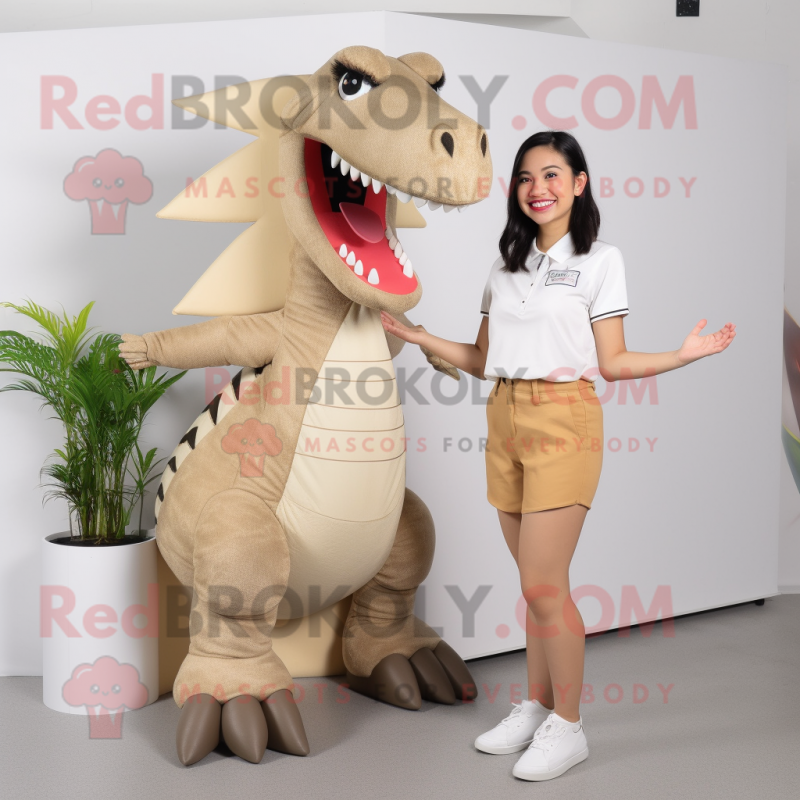 Beige Spinosaurus mascot costume character dressed with a Capri Pants and Hair clips Beige Spinosaurus mascot costume character dressed with a Capri Pants and Hair clips