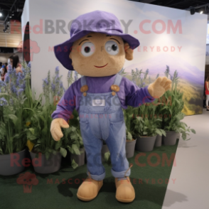 Lavender Scarecrow mascot costume character dressed with a Denim Shorts and Backpacks