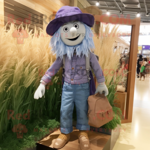 Lavender Scarecrow mascot costume character dressed with a Denim Shorts and Backpacks