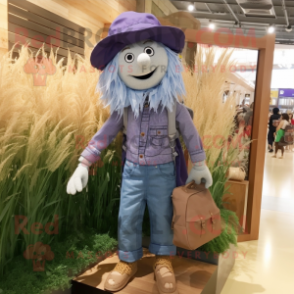 Lavender Scarecrow mascot costume character dressed with a Denim Shorts and Backpacks