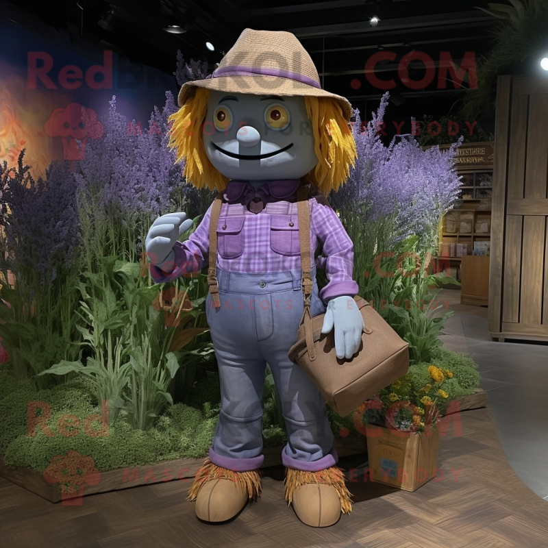 Lavender Scarecrow mascot costume character dressed with a Denim Shorts and Backpacks