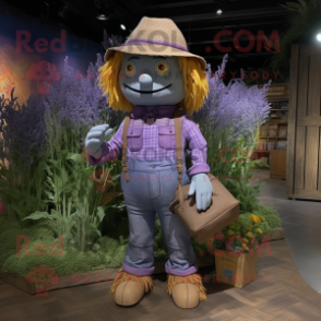 Lavender Scarecrow mascot costume character dressed with a Denim Shorts and Backpacks