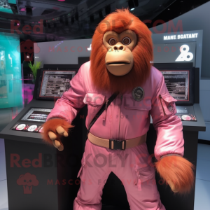 Pink Orangutan mascot costume character dressed with a Bomber Jacket and Clutch bags