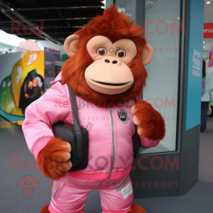 Pink Orangutan mascot costume character dressed with a Bomber Jacket and Clutch bags