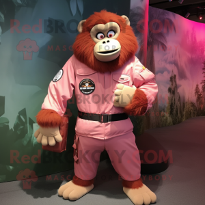 Pink Orangutan mascot costume character dressed with a Bomber Jacket and Clutch bags