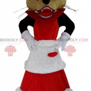 Wolf mascotte gekleed in moeder Christmas outfit -