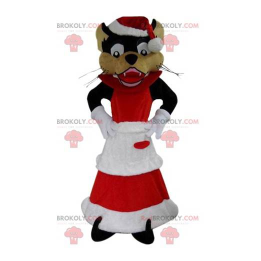 Wolf mascotte gekleed in moeder Christmas outfit -